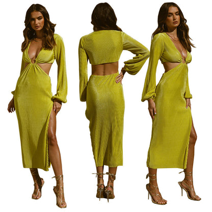 Womens Pressed Pleated Waistless long-sleeved Dresses