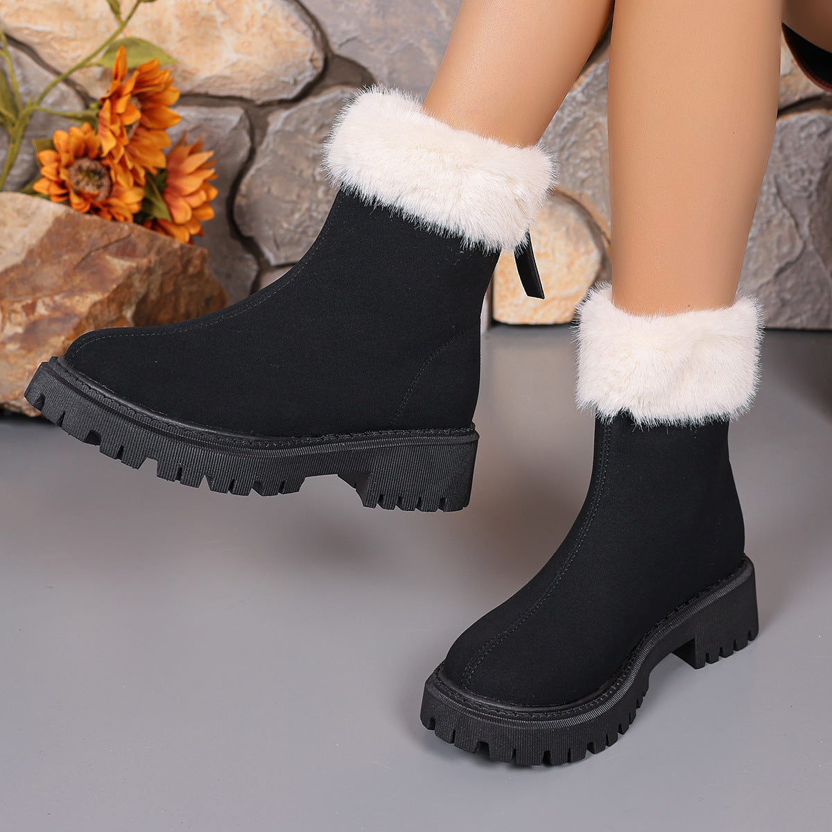 Square-heeled Snow Boots Winter Plus Velvet Platform Plush Shoes Fashion Warm Non-slip Mid-calf Boot For Womenn̈