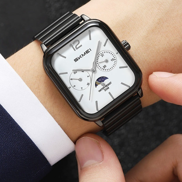 Luxury six-hand moon phase square business watch in gold and black from the Signature Edit Season Prestige collection.