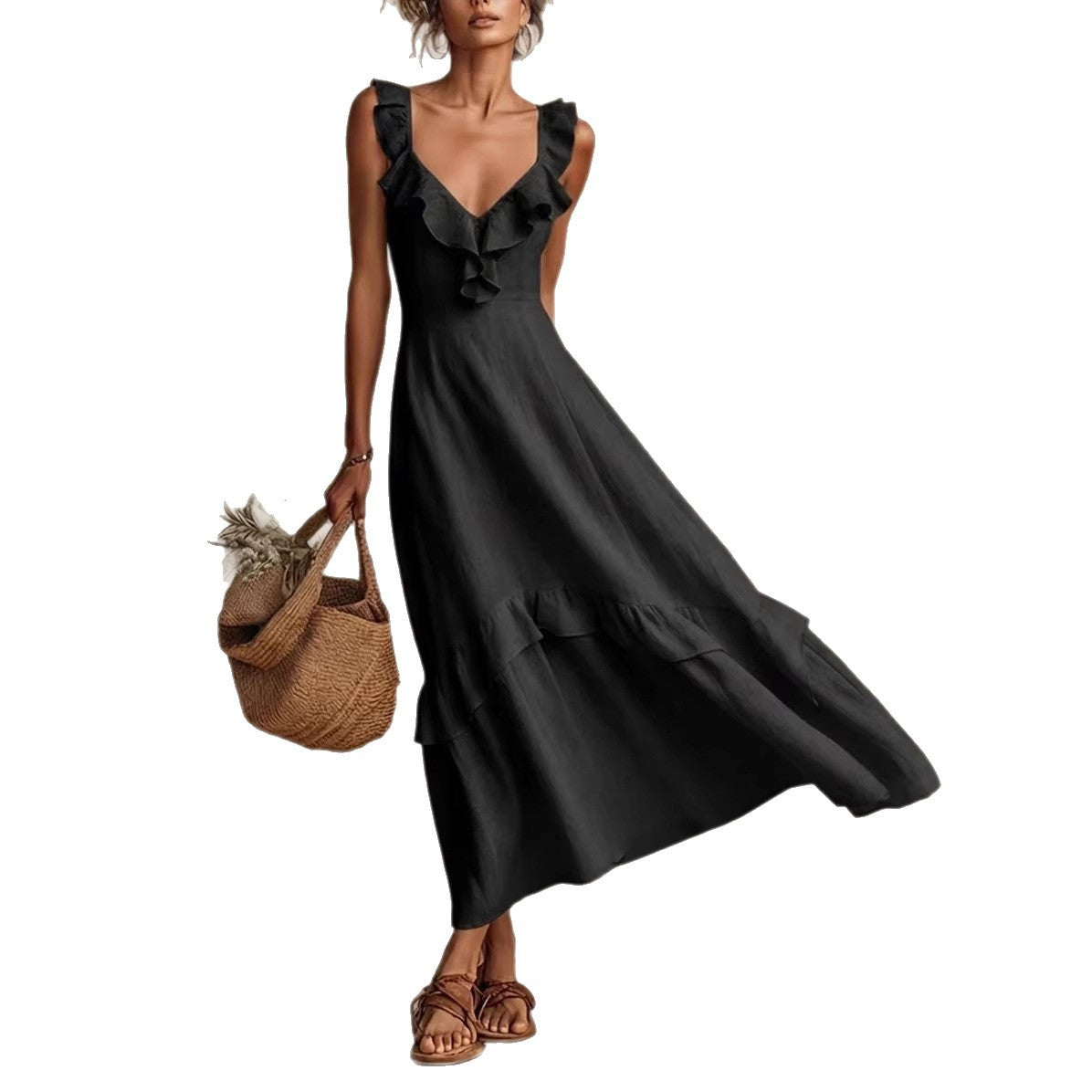 Ruffle Flutter Maxi Dress – Elegant High Waist