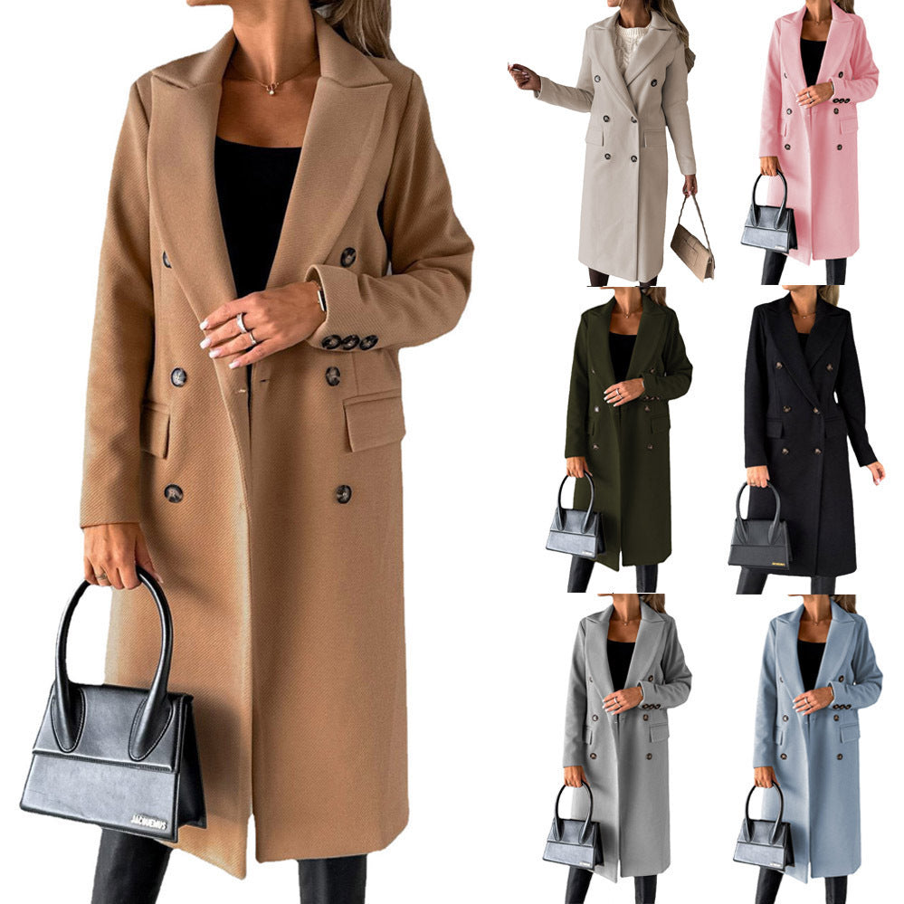Long Sleeve Lapel Double Breasted Long Winter Coat for Women