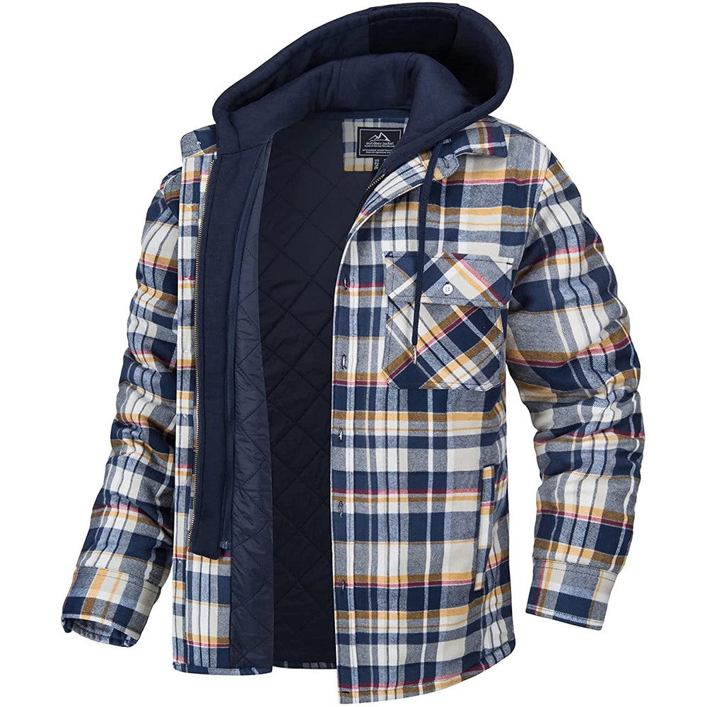 Men's Long-sleeved Plaid Hooded Warm Button Zip-up Jacket