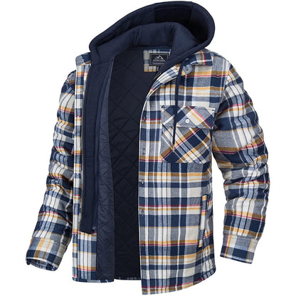 Men's Long-sleeved Plaid Hooded Warm Button Zip-up Jacket