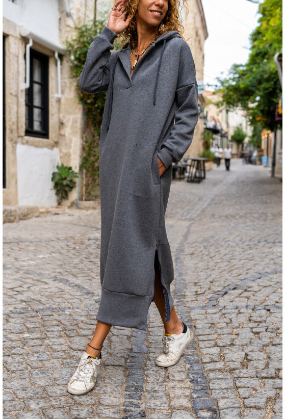 Loose Oversized Knit Hooded Dress Fleece-lined Casual pullover