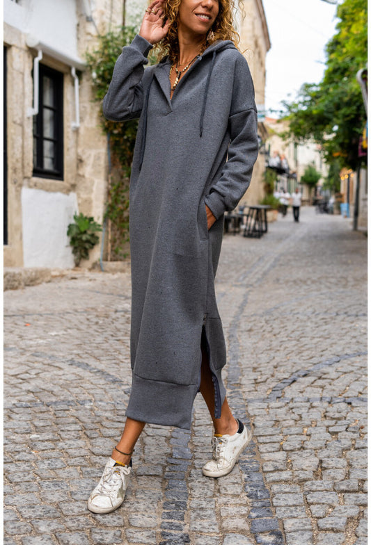 Loose Oversized Knit Hooded Dress Fleece-lined Casual pullover