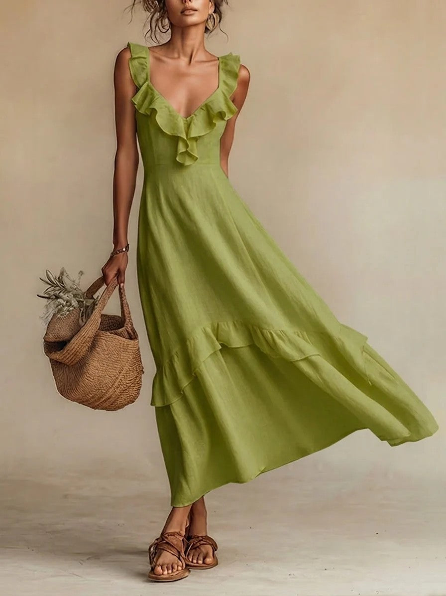 Ruffle Flutter Maxi Dress – Elegant High Waist