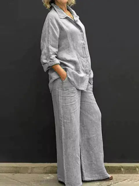 Lapel Blouse and Loose Straight Pants women