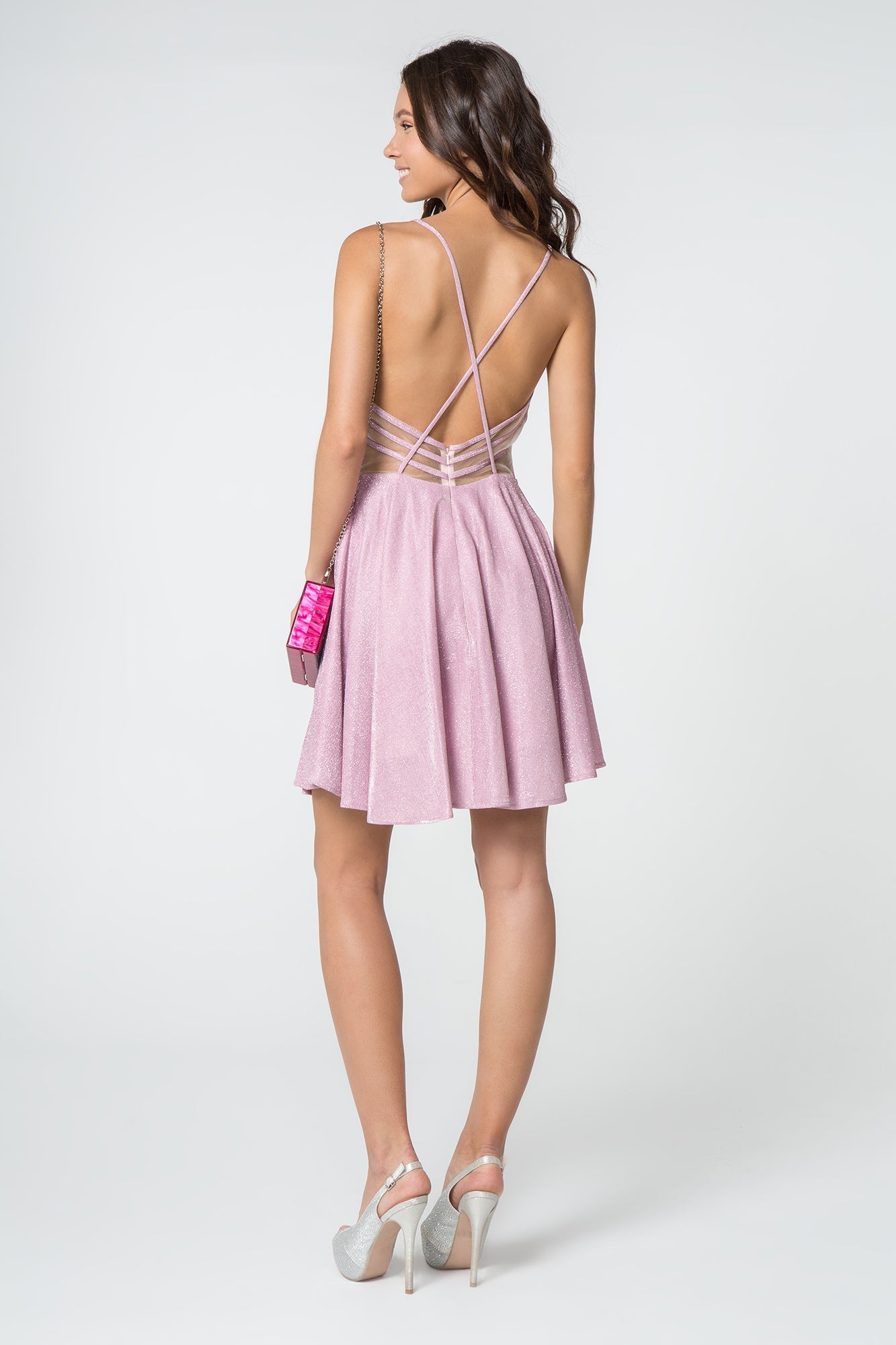 Illusion Deep V-Neck Glitter Crepe Short Dress