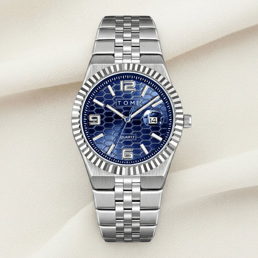 Heritage Minimalist Silver Quartz Watch with textured dial on white background