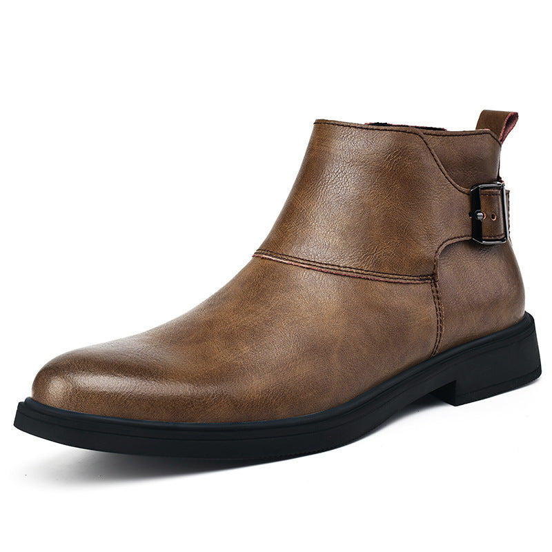 Brown leather ankle boot with a buckle on a white background