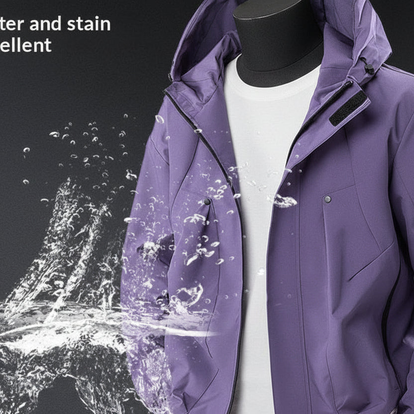 Purple jacket with water droplets being repelled, labeled 'Water and stain repellent'.