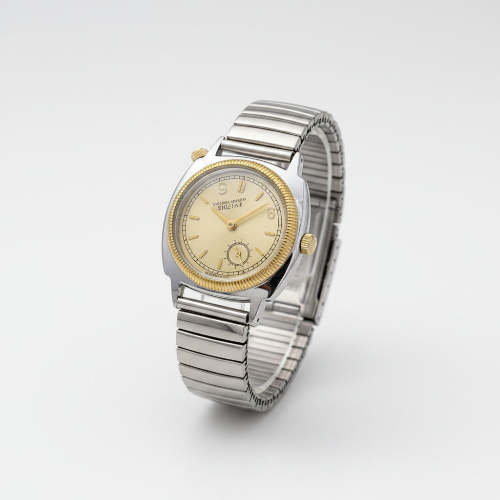 Vintage wristwatch with gold face and silver band on a gray surface
