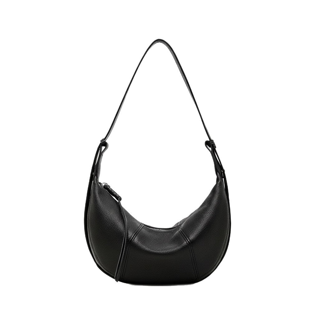 Standalone front catalog profile of the black top-grain genuine leather Season Prestige Eclipse crescent bag on a soft off-white background.