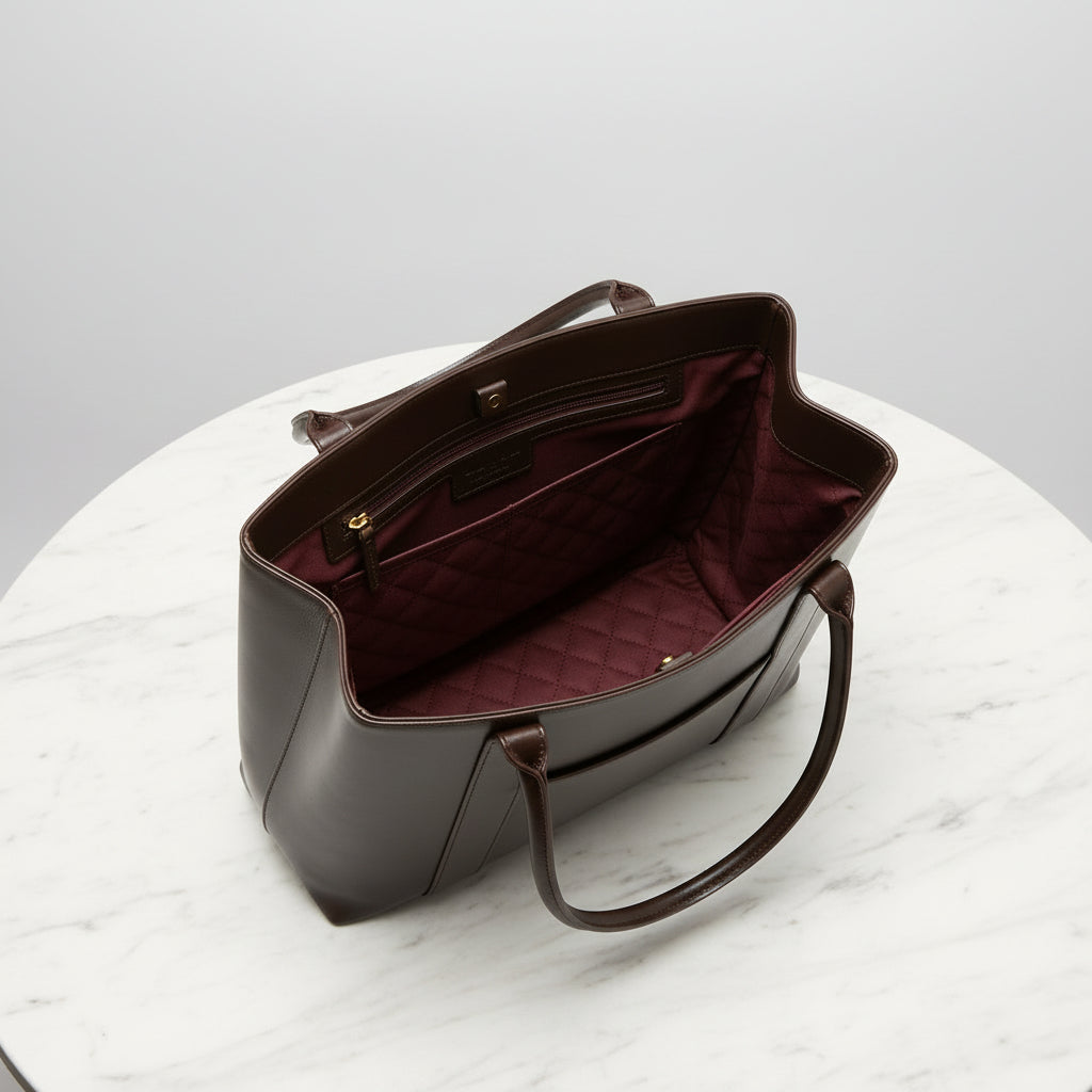 brown full-grain genuine leather Season Prestige Horizon tote bag on a soft off-white background.