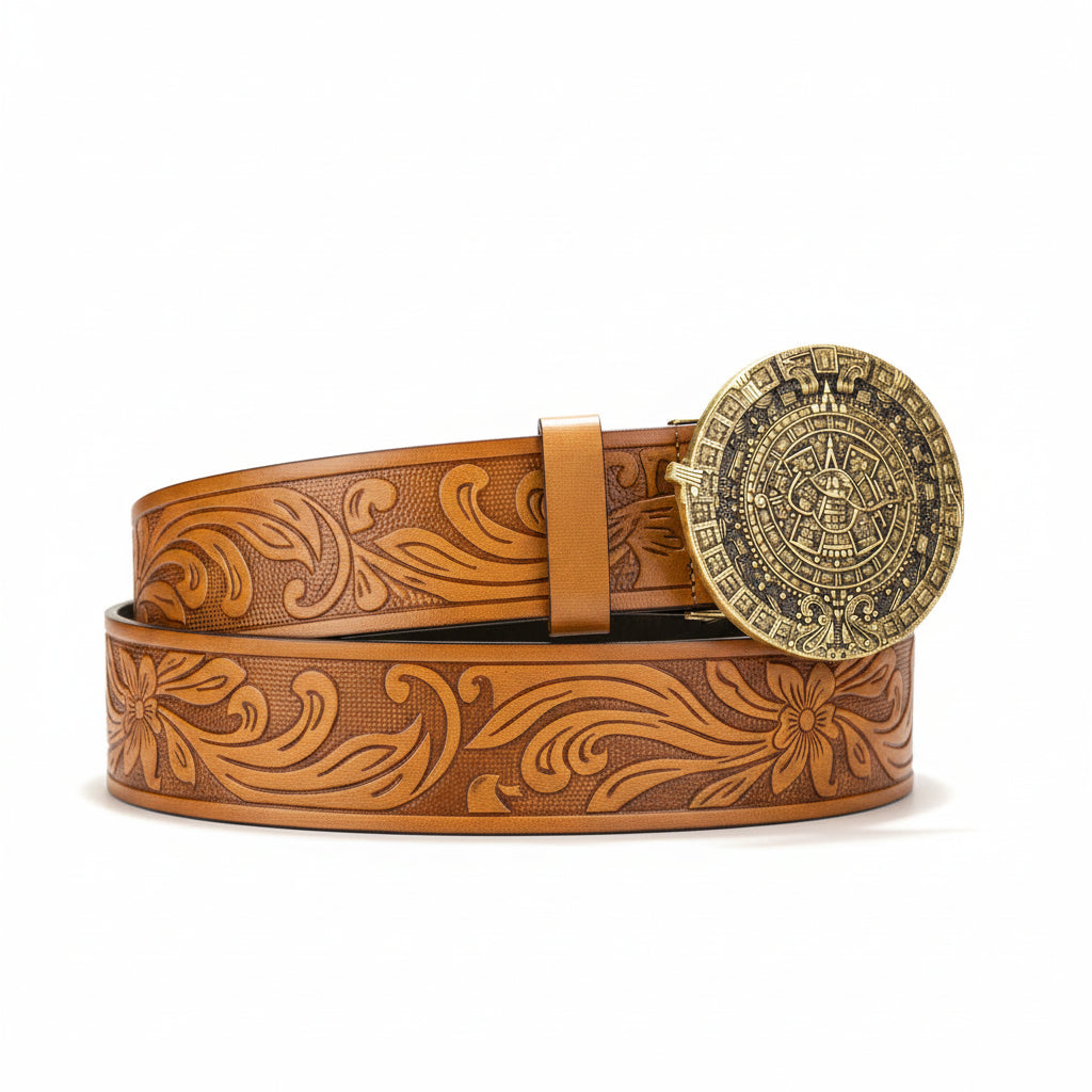 Prestige Calendario Heritage Belt black embossed vegan leather with an antiqued brass sun calendar medallion buckle.
