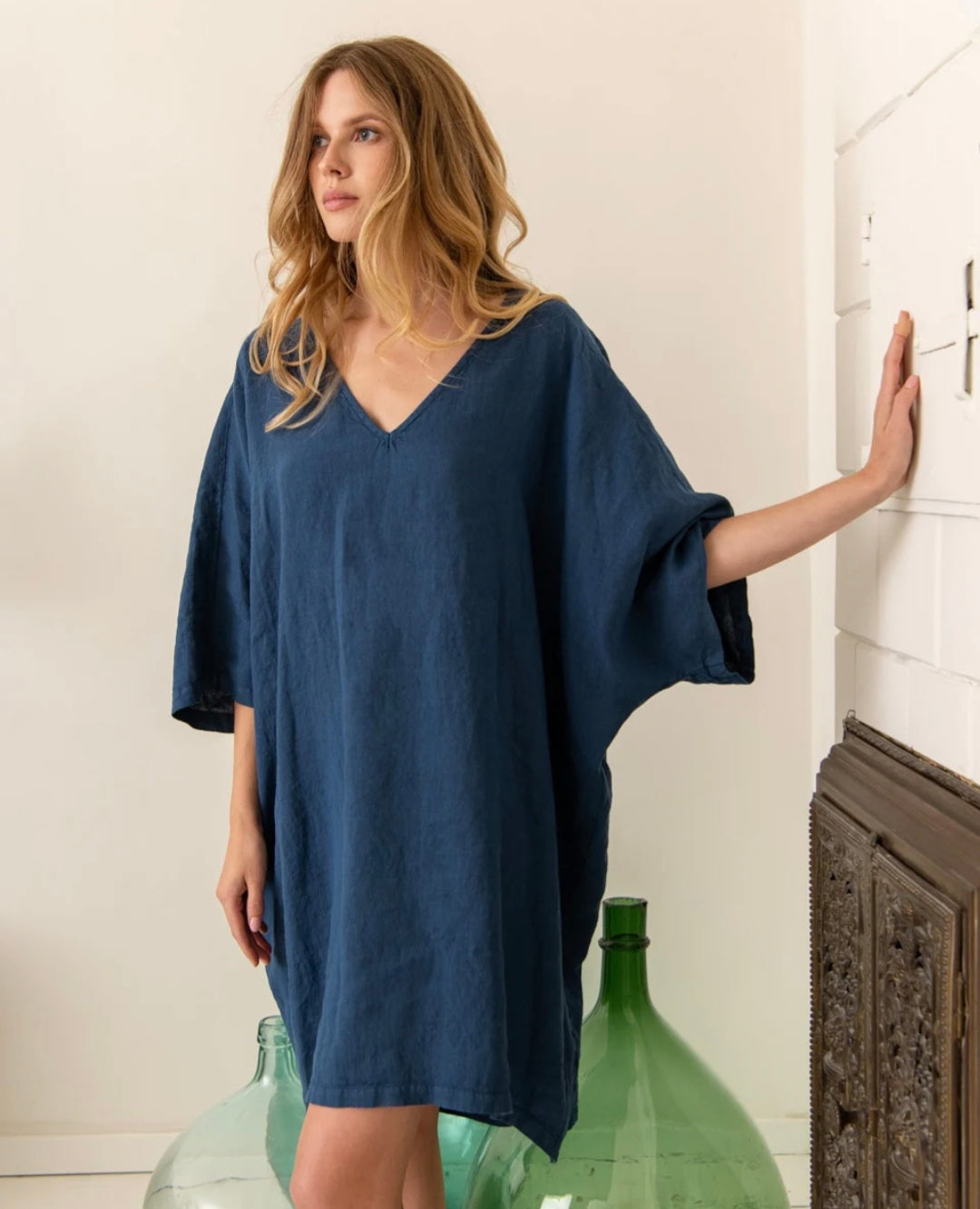 Blue Linen Kaftan Dress