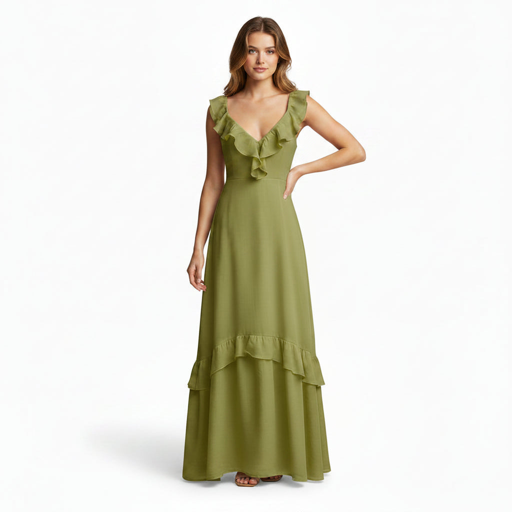 Ruffle flutter maxi dress elegant high waist women’s flowing party dress solid color