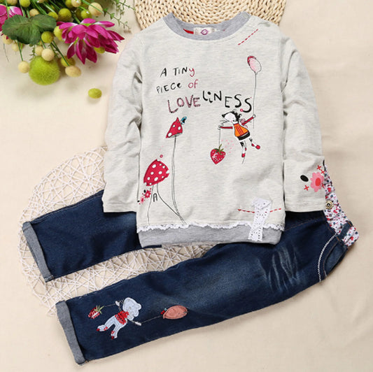 Long Sleeve Sweater Jeans suit baby girls Cartoon Set