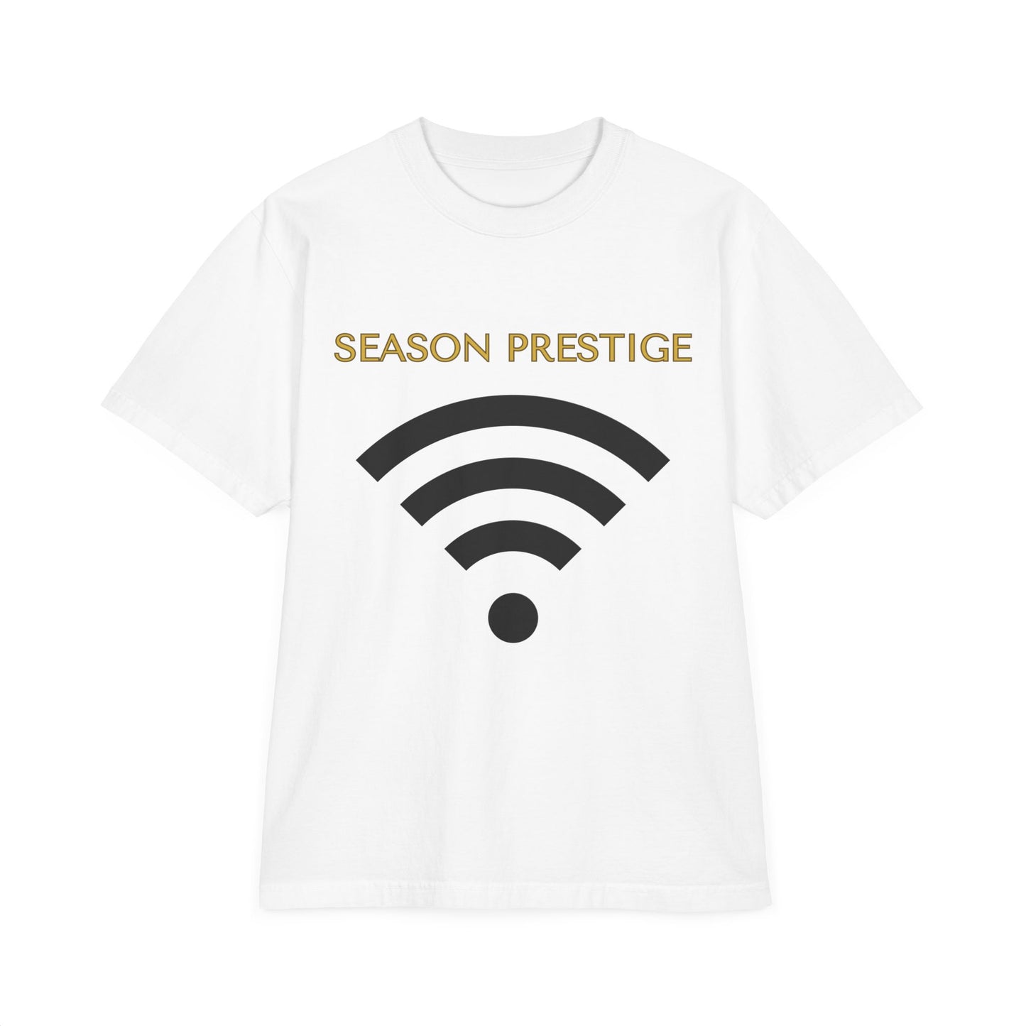 White t-shirt with black Wi-Fi symbol and 'SEASON PRESTIGE' text on a white background