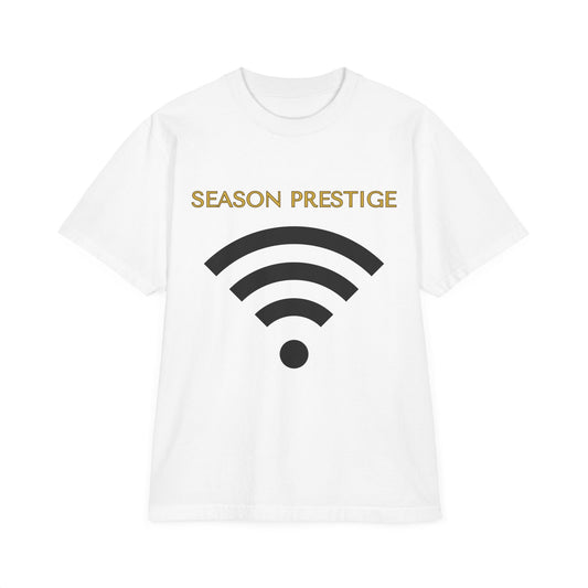 White t-shirt with black Wi-Fi symbol and 'SEASON PRESTIGE' text on a white background
