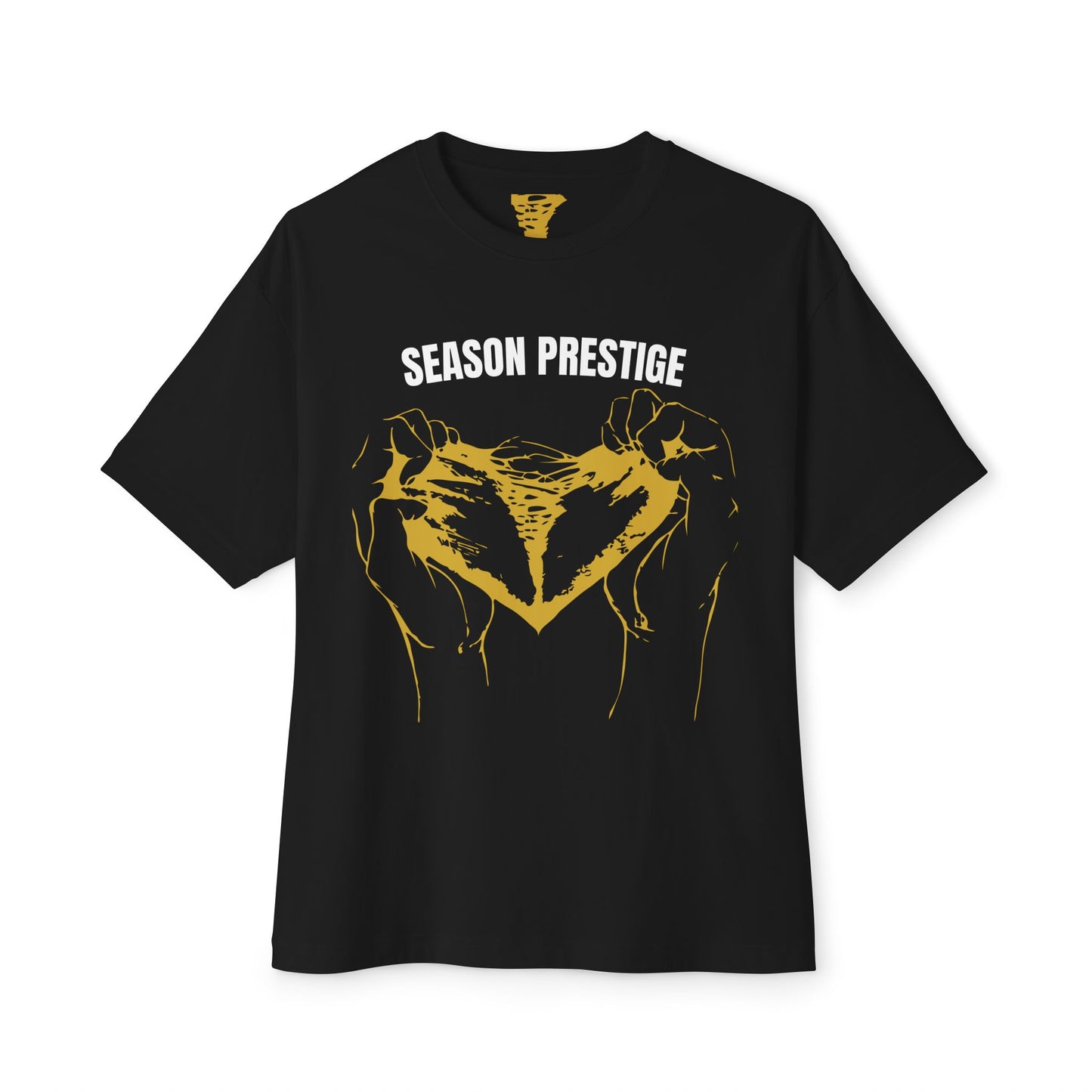 Black t-shirt with yellow graphic and 'SEASON PRESTIGE' text on a white background