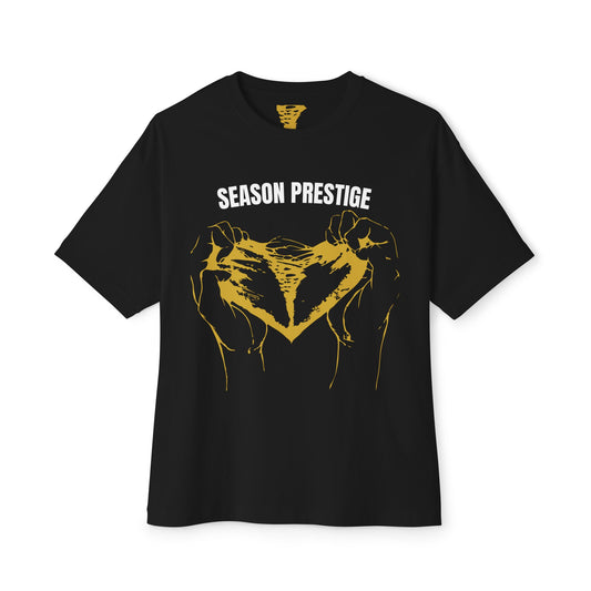 Black t-shirt with yellow graphic and 'SEASON PRESTIGE' text on a white background