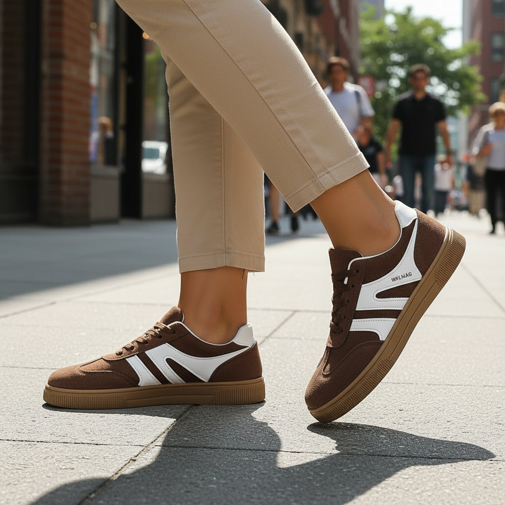 Brown sneakers with white stripes worn by a person against a brick wall background
