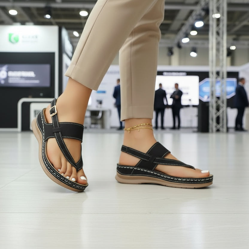 Black sandals with brown soles worn by a person on a light wooden floor.