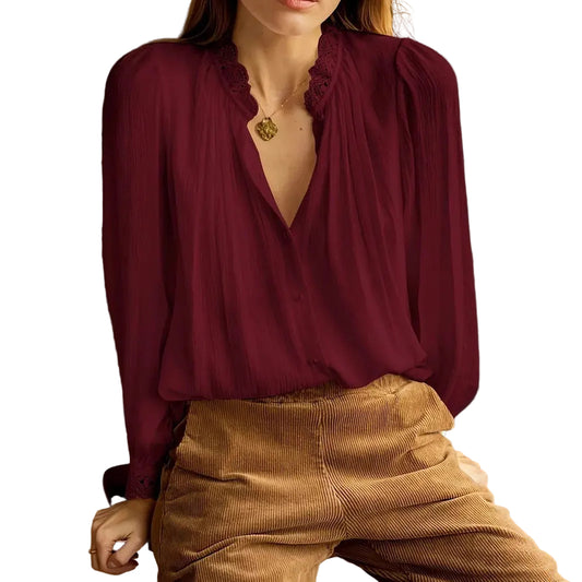 Women's wine red office blouse with lace-trimmed patchwork - Season Prestige