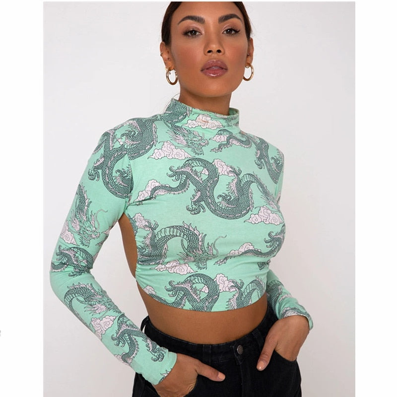 Dragon Printed Women Sexy Crop Top Season Prestige