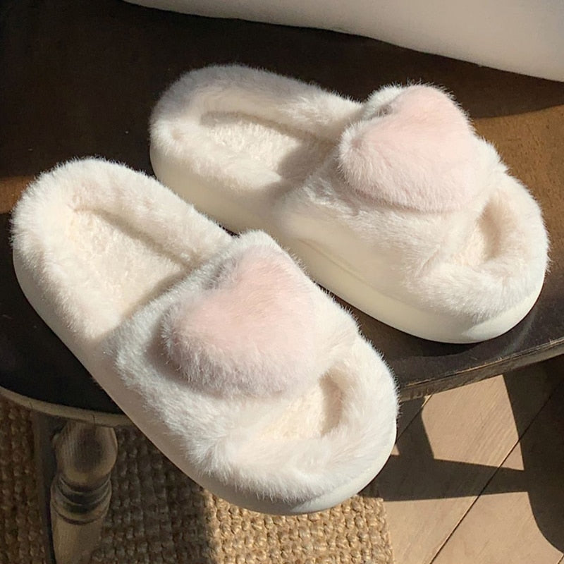 Heart Love Fluffy Fur Slippers Season Prestige