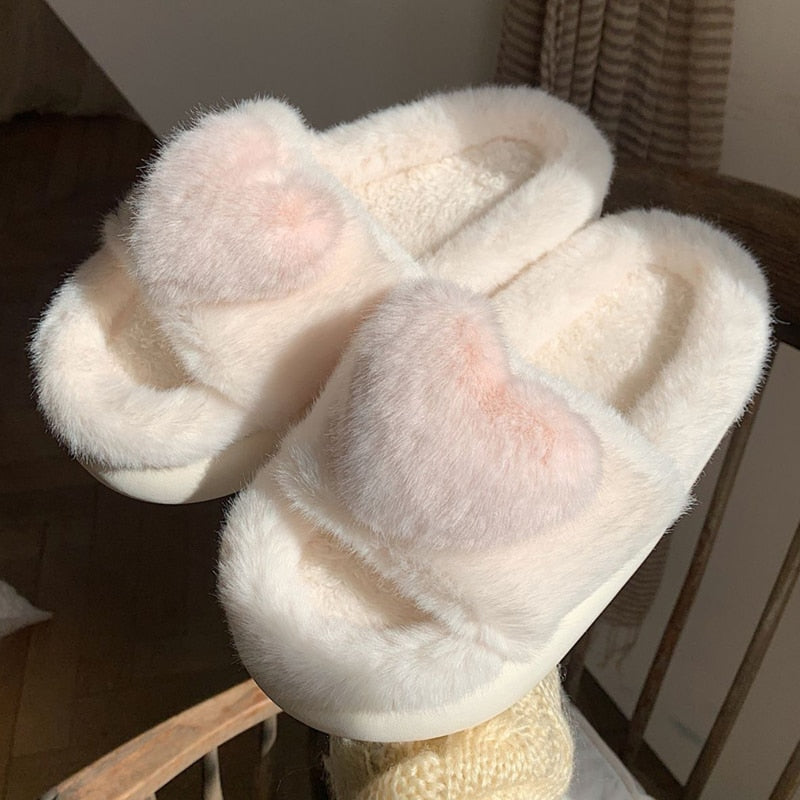 Heart Love Fluffy Fur Slippers Season Prestige