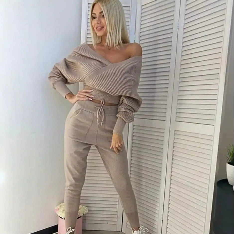 Off Shoulder Knitted Two Piece Set - Season Prestige
